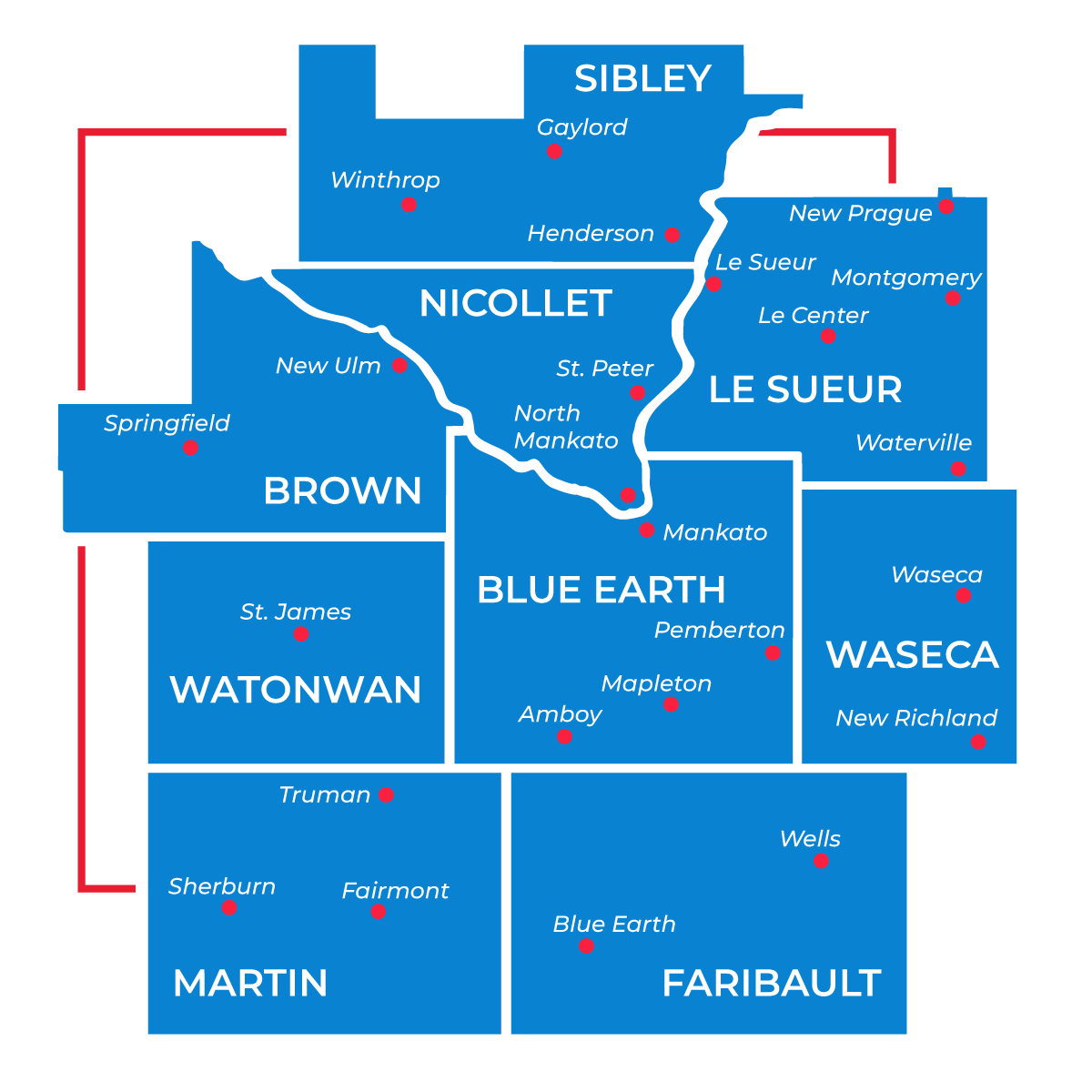 Region 9 map showing the Southern Minnesota footprint served by Connect Business Magazine
